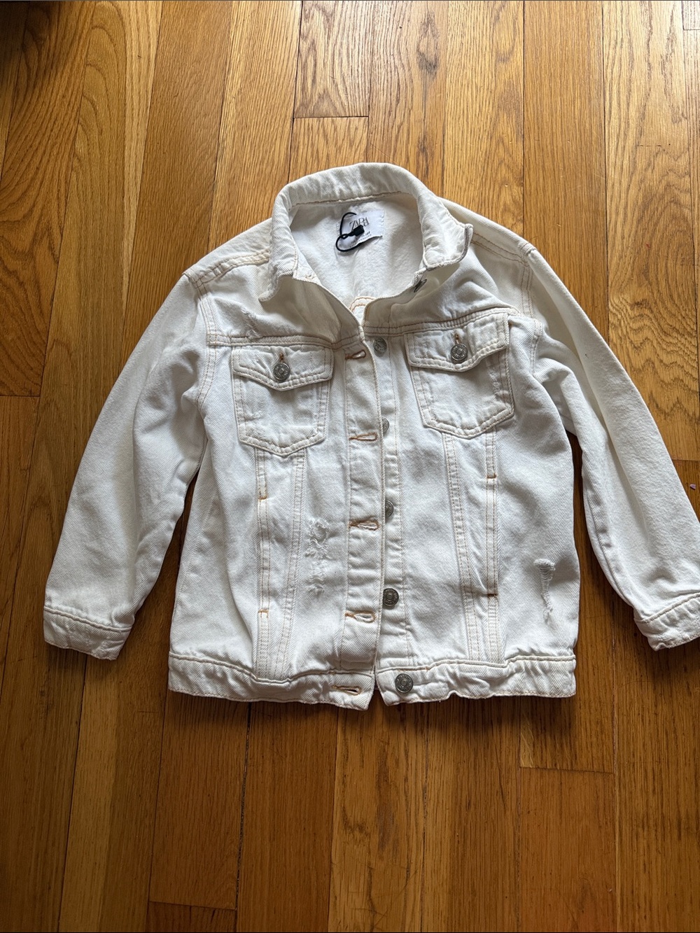 Zara Off-White Distressed Denim Jacket with Contrast Stitching Size 7
